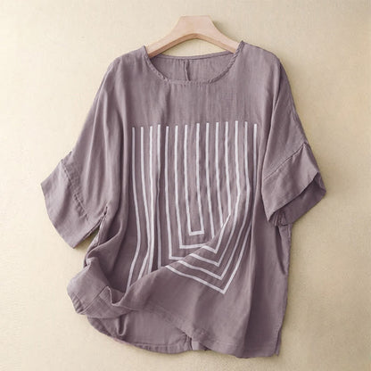Buddha Stones Casual Line Printing Pattern Short Sleeve Cotton Linen Women's T-Shirt