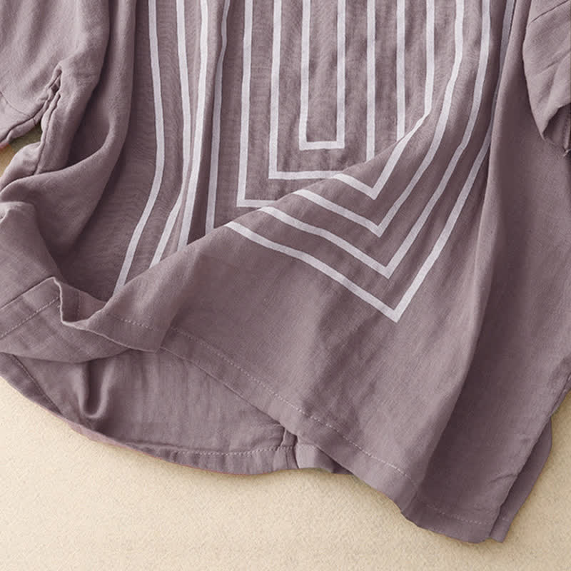 Buddha Stones Casual Line Printing Pattern Short Sleeve Cotton Linen Women's T-Shirt