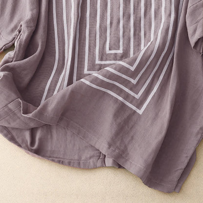 Buddha Stones Casual Line Printing Pattern Short Sleeve Cotton Linen Women's T-Shirt