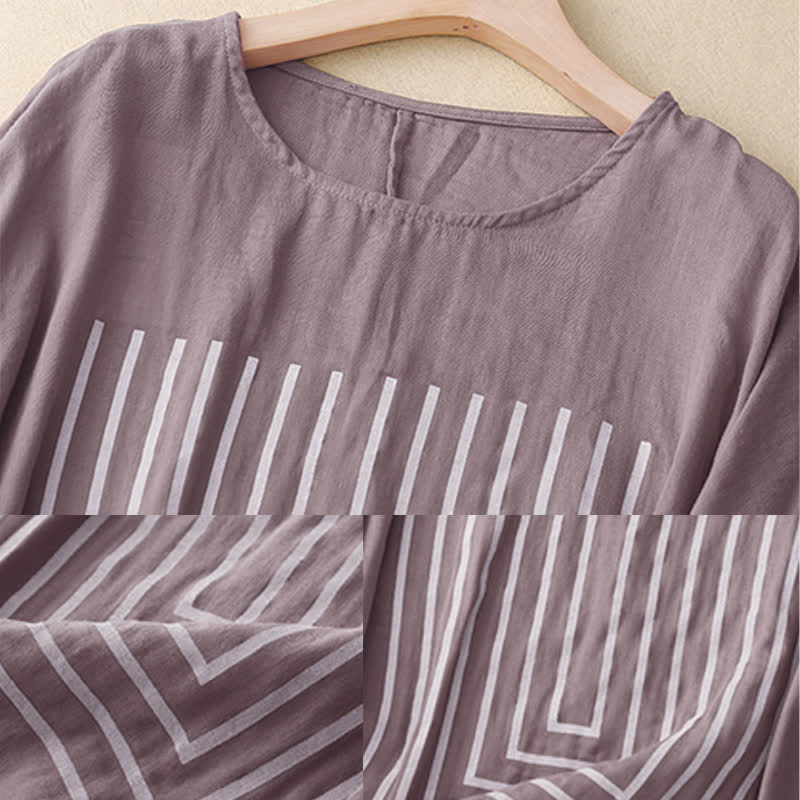 Buddha Stones Casual Line Printing Pattern Short Sleeve Cotton Linen Women's T-Shirt