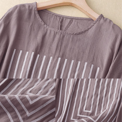 Buddha Stones Casual Line Printing Pattern Short Sleeve Cotton Linen Women's T-Shirt