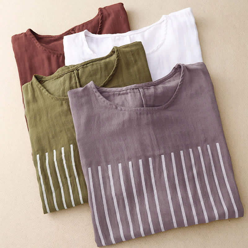 Buddha Stones Casual Line Printing Pattern Short Sleeve Cotton Linen Women's T-Shirt
