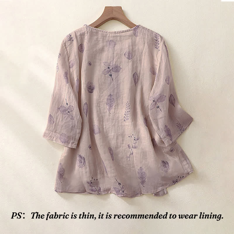 Buddha Stones Embroidery Design Leaves Women's Three Quarter Sleeve Shirt