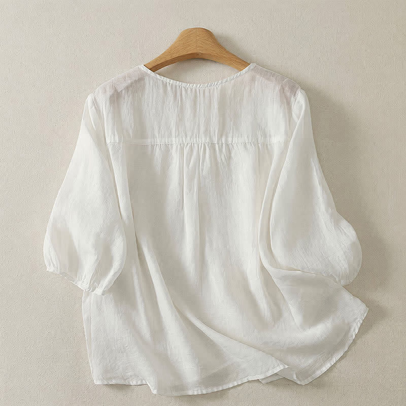 Buddha Stones Spring Summer Casual Vintage Crew Neck Embroidery Solid Women's Three-Quarter Sleeve T-Shirt