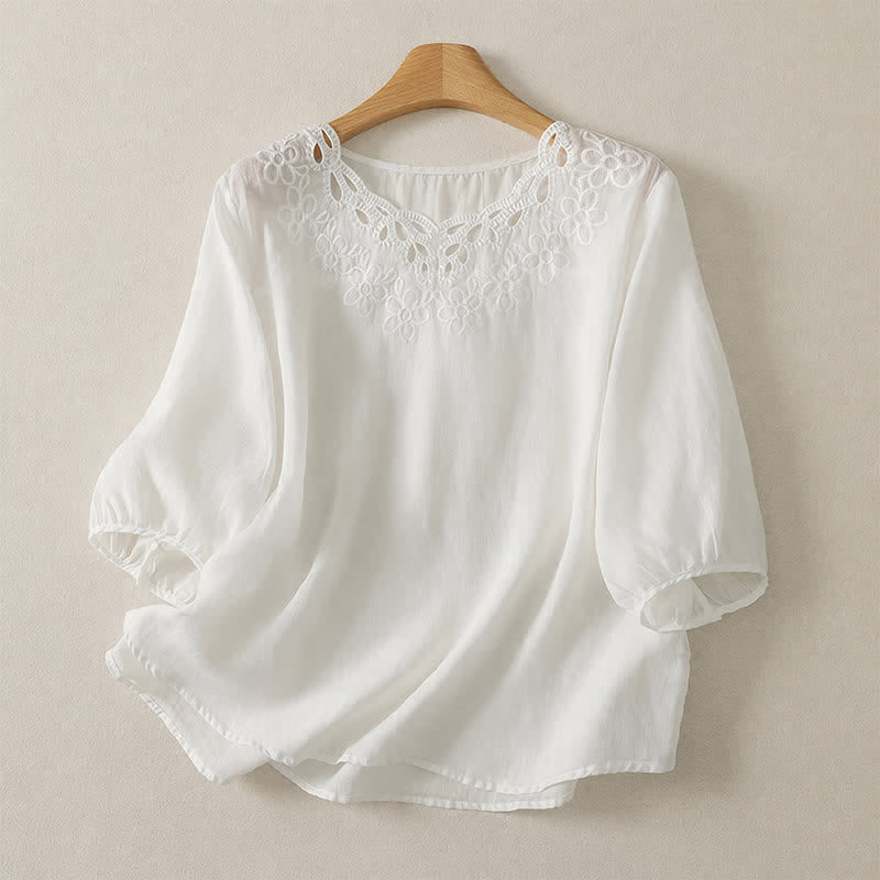Buddha Stones Spring Summer Casual Vintage Crew Neck Embroidery Solid Women's Three-Quarter Sleeve T-Shirt
