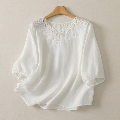 Buddha Stones Spring Summer Casual Vintage Crew Neck Embroidery Solid Women's Three-Quarter Sleeve T-Shirt
