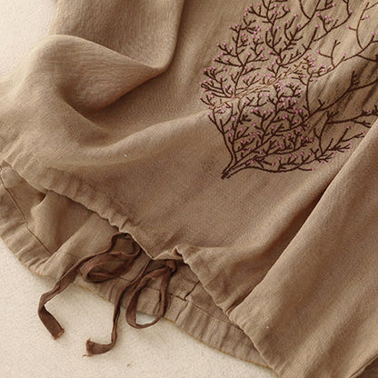 Buddha Stones Casual Embroidery Tree Drawstring Women's Crew Neck Design Half Sleeve T-Shirt
