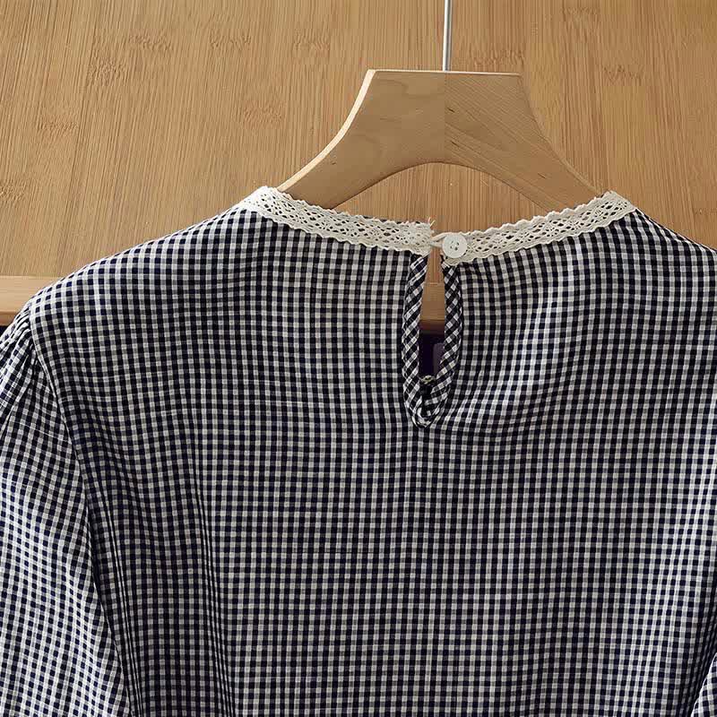 Buddha Stones Spring Fall Vintage Elegant Plaid Lace Trim Women's Long Sleeve T-Shirt