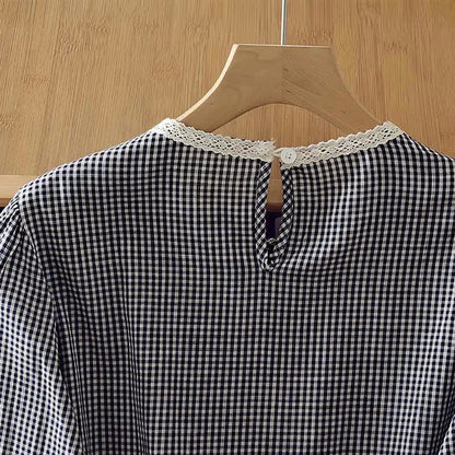Buddha Stones Spring Fall Vintage Elegant Plaid Lace Trim Women's Long Sleeve T-Shirt