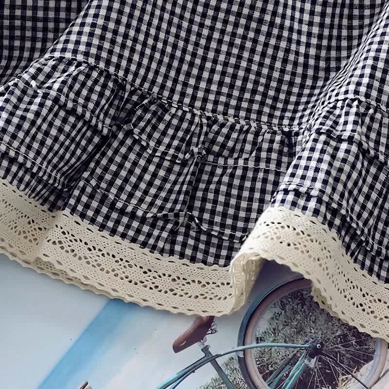 Buddha Stones Spring Fall Vintage Elegant Plaid Lace Trim Women's Long Sleeve T-Shirt
