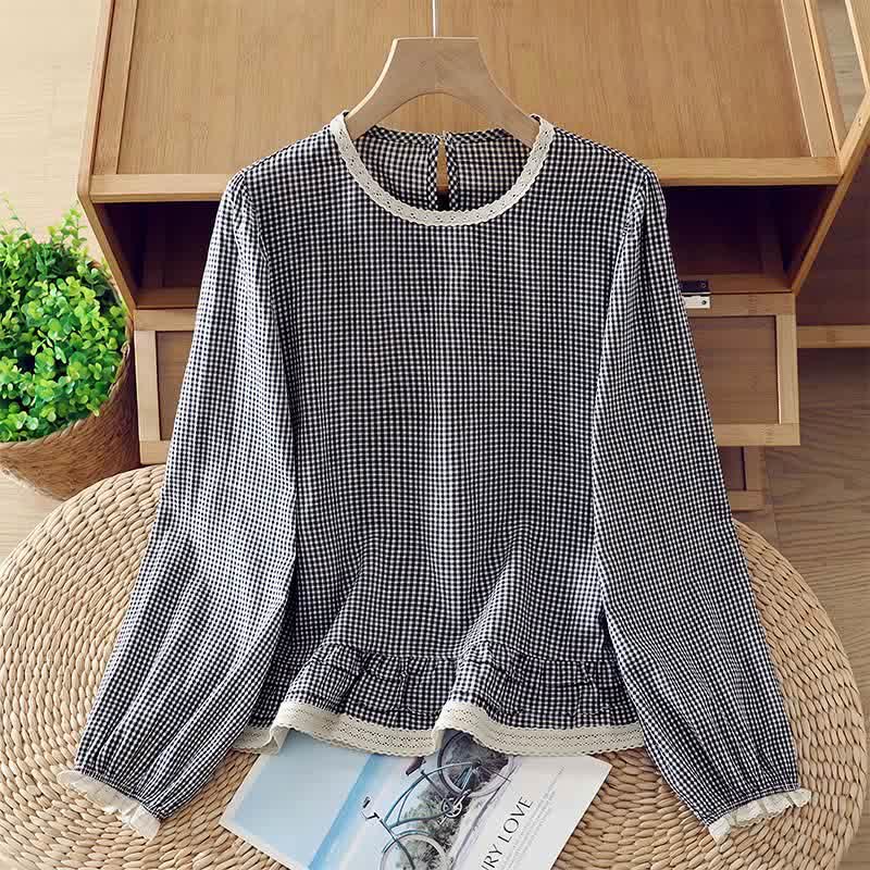 Buddha Stones Spring Fall Vintage Elegant Plaid Lace Trim Women's Long Sleeve T-Shirt