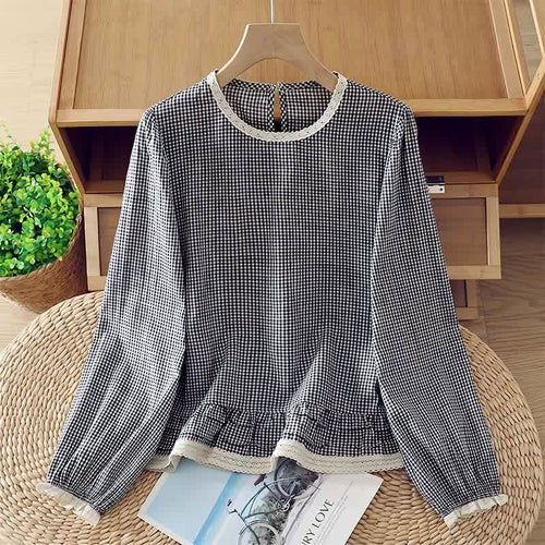 Buddha Stones Spring Fall Vintage Elegant Plaid Lace Trim Women's Long Sleeve T-Shirt
