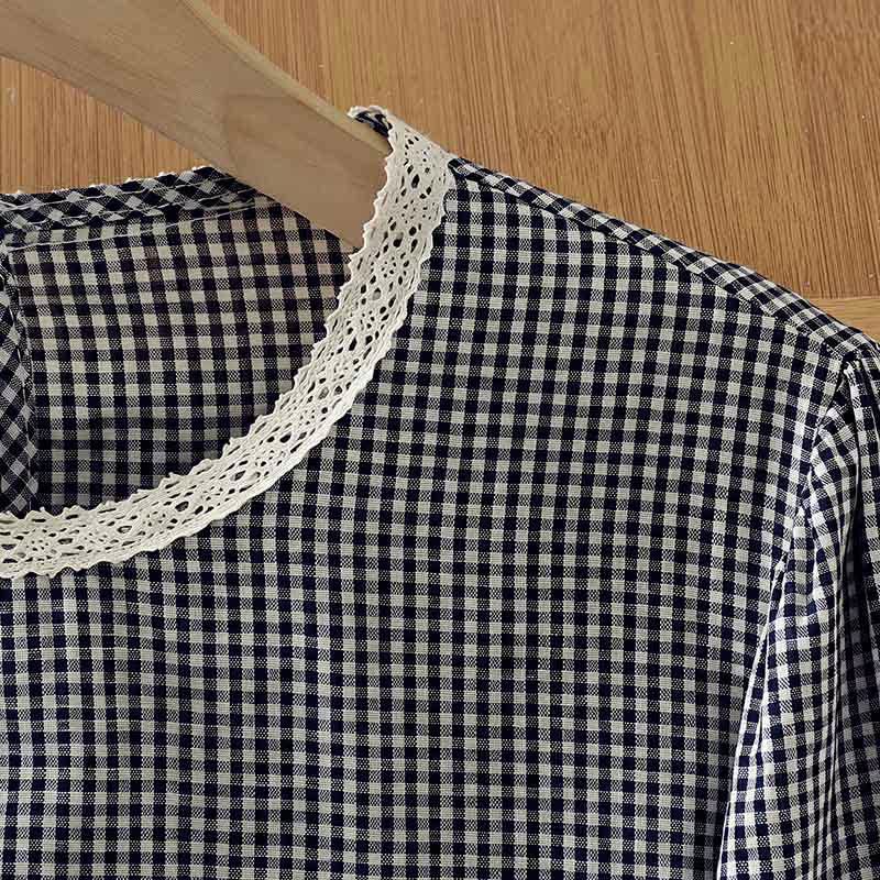 Buddha Stones Spring Fall Vintage Elegant Plaid Lace Trim Women's Long Sleeve T-Shirt