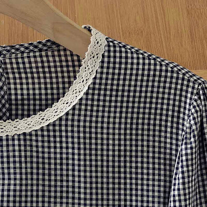 Buddha Stones Spring Fall Vintage Elegant Plaid Lace Trim Women's Long Sleeve T-Shirt
