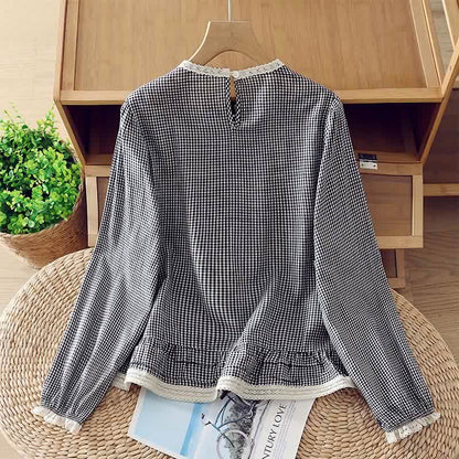 Buddha Stones Spring Fall Vintage Elegant Plaid Lace Trim Women's Long Sleeve T-Shirt