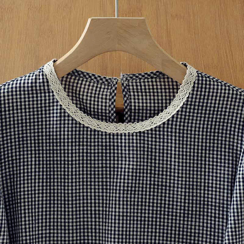 Buddha Stones Spring Fall Vintage Elegant Plaid Lace Trim Women's Long Sleeve T-Shirt