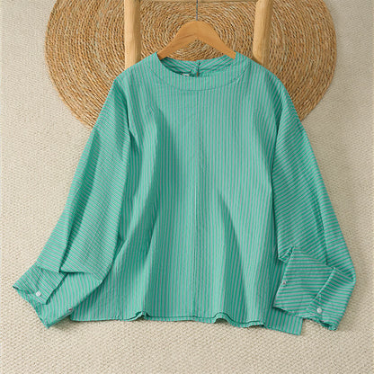 Buddha Stones Spring Casual Minimalist Green Striped Crew Neck Women's Long Sleeve T-Shirt