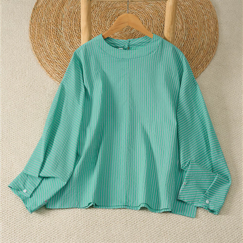 Buddha Stones Spring Casual Minimalist Green Striped Crew Neck Women's Long Sleeve T-Shirt