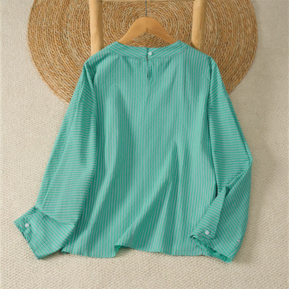 Buddha Stones Spring Casual Minimalist Green Striped Crew Neck Women's Long Sleeve T-Shirt