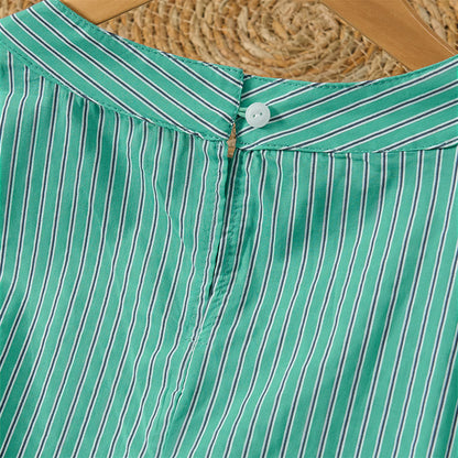 Buddha Stones Spring Casual Minimalist Green Striped Crew Neck Women's Long Sleeve T-Shirt