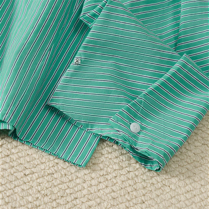 Buddha Stones Spring Casual Minimalist Green Striped Crew Neck Women's Long Sleeve T-Shirt