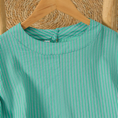 Buddha Stones Spring Casual Minimalist Green Striped Crew Neck Women's Long Sleeve T-Shirt