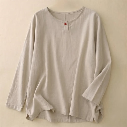 Buddha Stones Spring Fall Casual Simple Solid Crew Neck Design Cotton Women's Long Sleeve T-Shirt