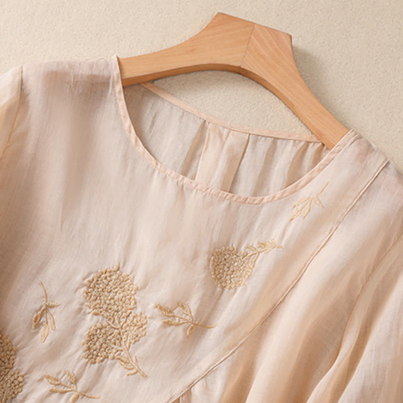 Buddha Stones Embroidered Flower Crew Neck Design Women's Half Sleeve Shirt
