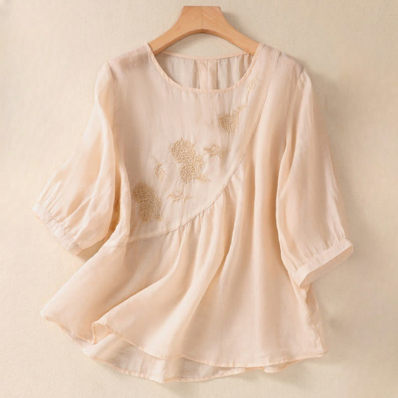 Buddha Stones Embroidered Flower Crew Neck Design Women's Half Sleeve Shirt