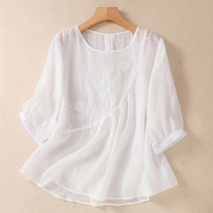 Buddha Stones Embroidered Flower Crew Neck Design Women's Half Sleeve Shirt