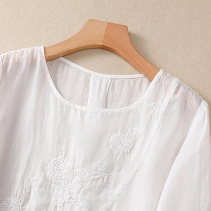Buddha Stones Embroidered Flower Crew Neck Design Women's Half Sleeve Shirt