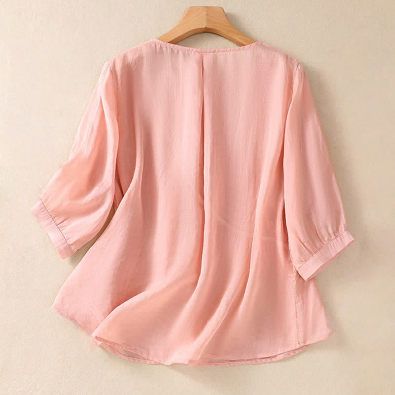 Buddha Stones Embroidered Flower Crew Neck Design Women's Half Sleeve Shirt