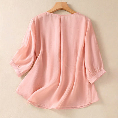 Buddha Stones Embroidered Flower Crew Neck Design Women's Half Sleeve Shirt