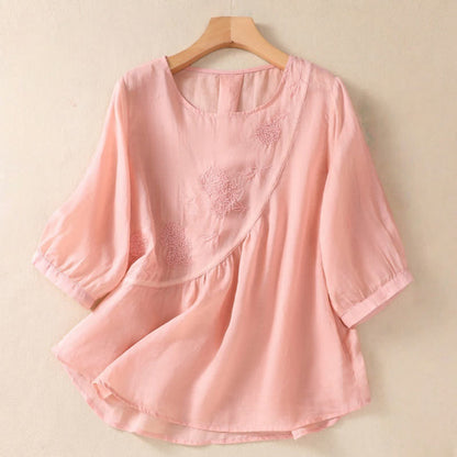 Buddha Stones Embroidered Flower Crew Neck Design Women's Half Sleeve Shirt