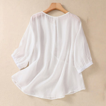 Buddha Stones Embroidered Flower Crew Neck Design Women's Half Sleeve Shirt