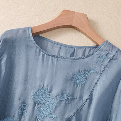 Buddha Stones Embroidered Flower Crew Neck Design Women's Half Sleeve Shirt