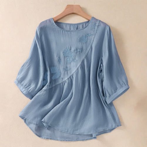 Buddha Stones Embroidered Flower Crew Neck Design Women's Half Sleeve Shirt
