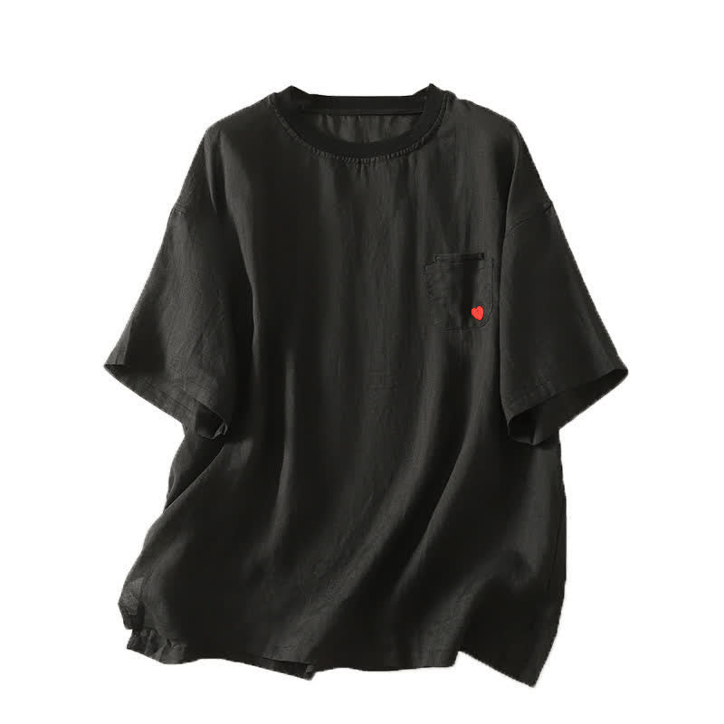Buddha Stones Casual Embroidery Red Heart Short Sleeve Women's T-Shirt