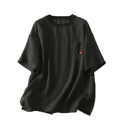 Buddha Stones Casual Embroidery Red Heart Short Sleeve Women's T-Shirt