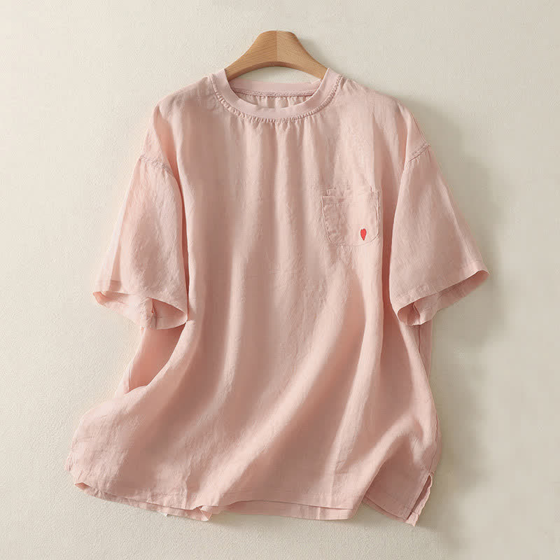 Buddha Stones Casual Embroidery Red Heart Short Sleeve Women's T-Shirt