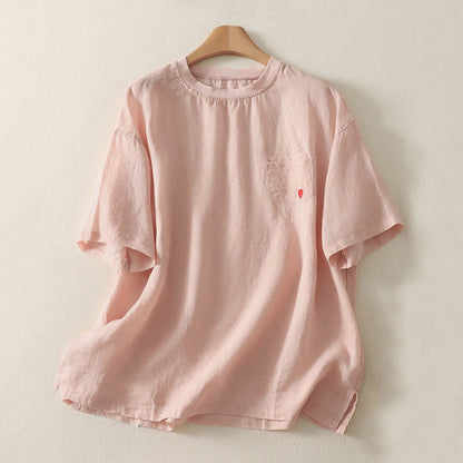 Buddha Stones Casual Embroidery Red Heart Short Sleeve Women's T-Shirt