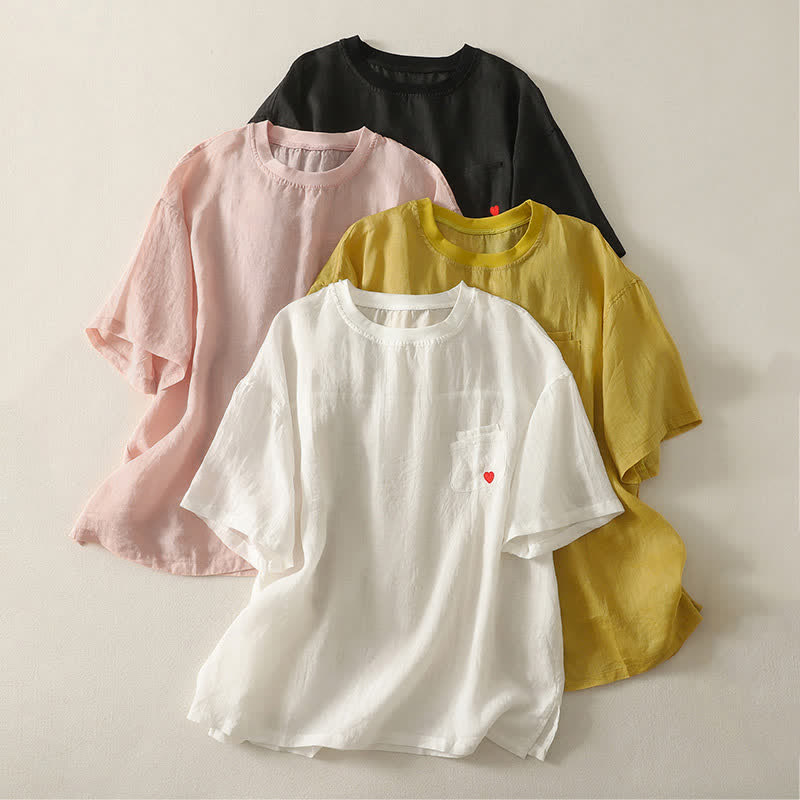 Buddha Stones Casual Embroidery Red Heart Short Sleeve Women's T-Shirt