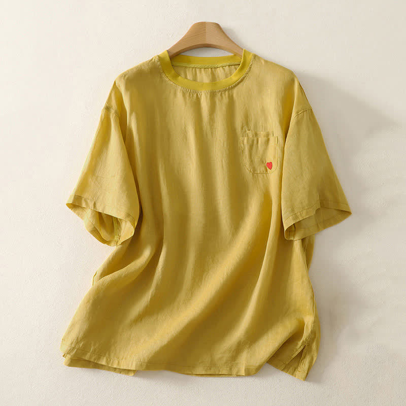 Buddha Stones Casual Embroidery Red Heart Short Sleeve Women's T-Shirt