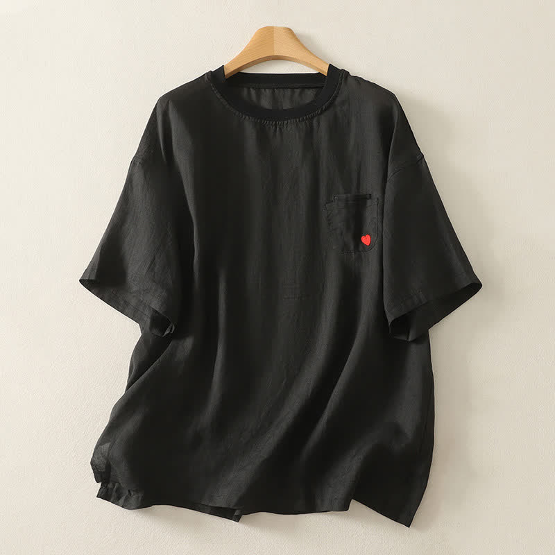 Buddha Stones Casual Embroidery Red Heart Short Sleeve Women's T-Shirt