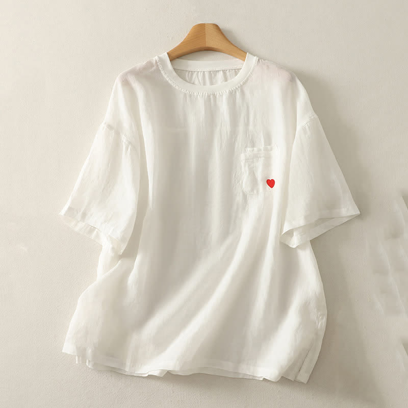 Buddha Stones Casual Embroidery Red Heart Short Sleeve Women's T-Shirt