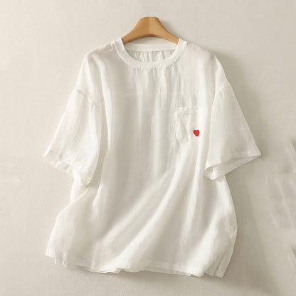 Buddha Stones Casual Embroidery Red Heart Short Sleeve Women's T-Shirt