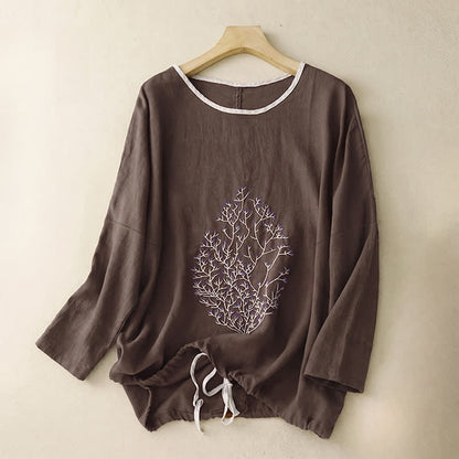 Buddha Stones Casual Embroidery Tree Drawstring Women's Crew Neck Design Half Sleeve T-Shirt