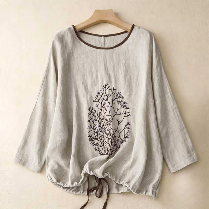 Buddha Stones Casual Embroidery Tree Drawstring Women's Crew Neck Design Half Sleeve T-Shirt