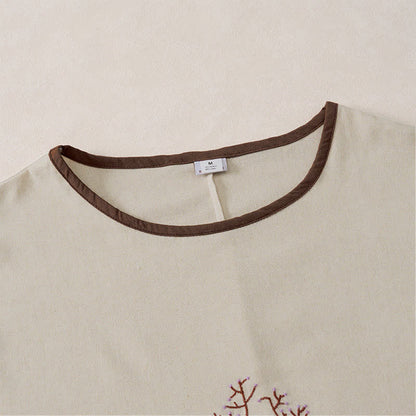 Buddha Stones Casual Embroidery Tree Drawstring Women's Crew Neck Design Half Sleeve T-Shirt