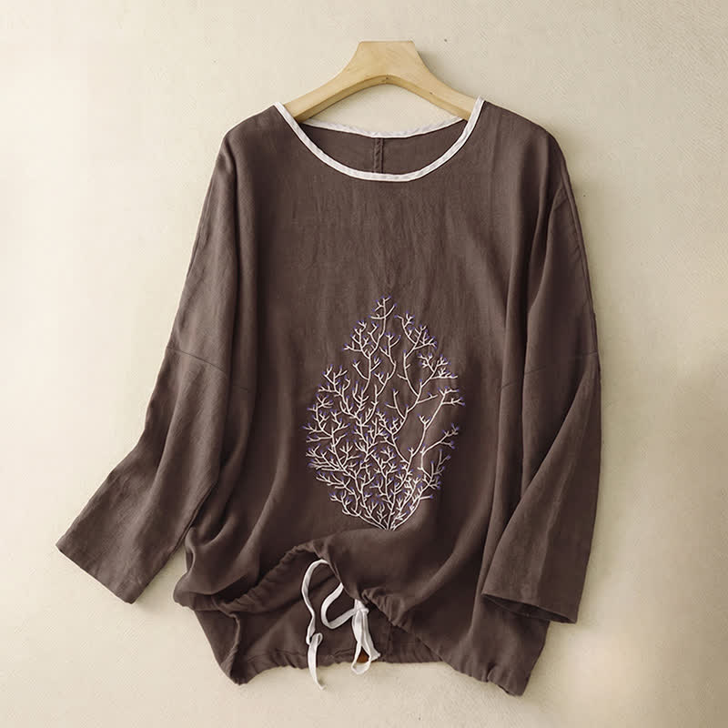 Buddha Stones Spring Fall Casual Embroidery Tree Drawstring Women's Crew Neck Design Cotton Linen Women's Long Sleeve T-Shirt